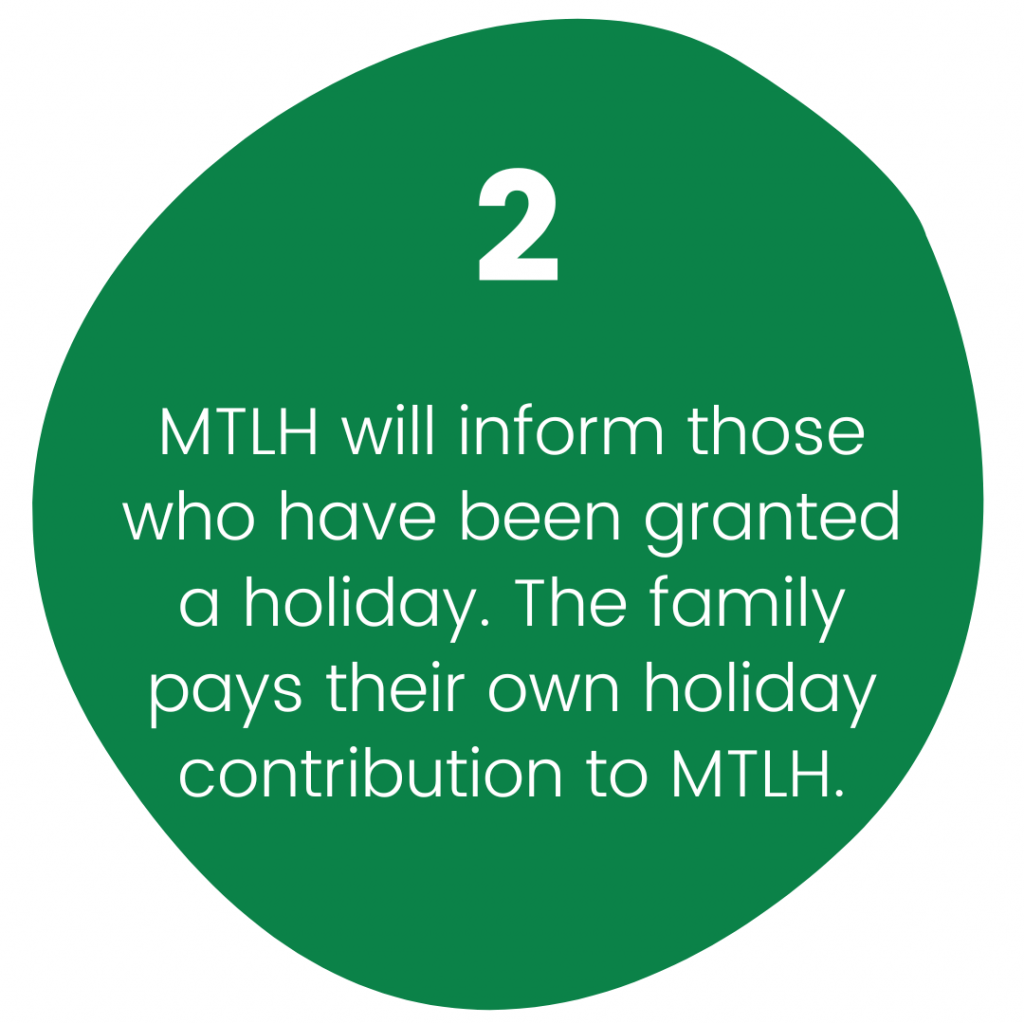 2. MTLH will inform those who have been granted a holiday. The family pays their own holiday contribution to MTLH. 