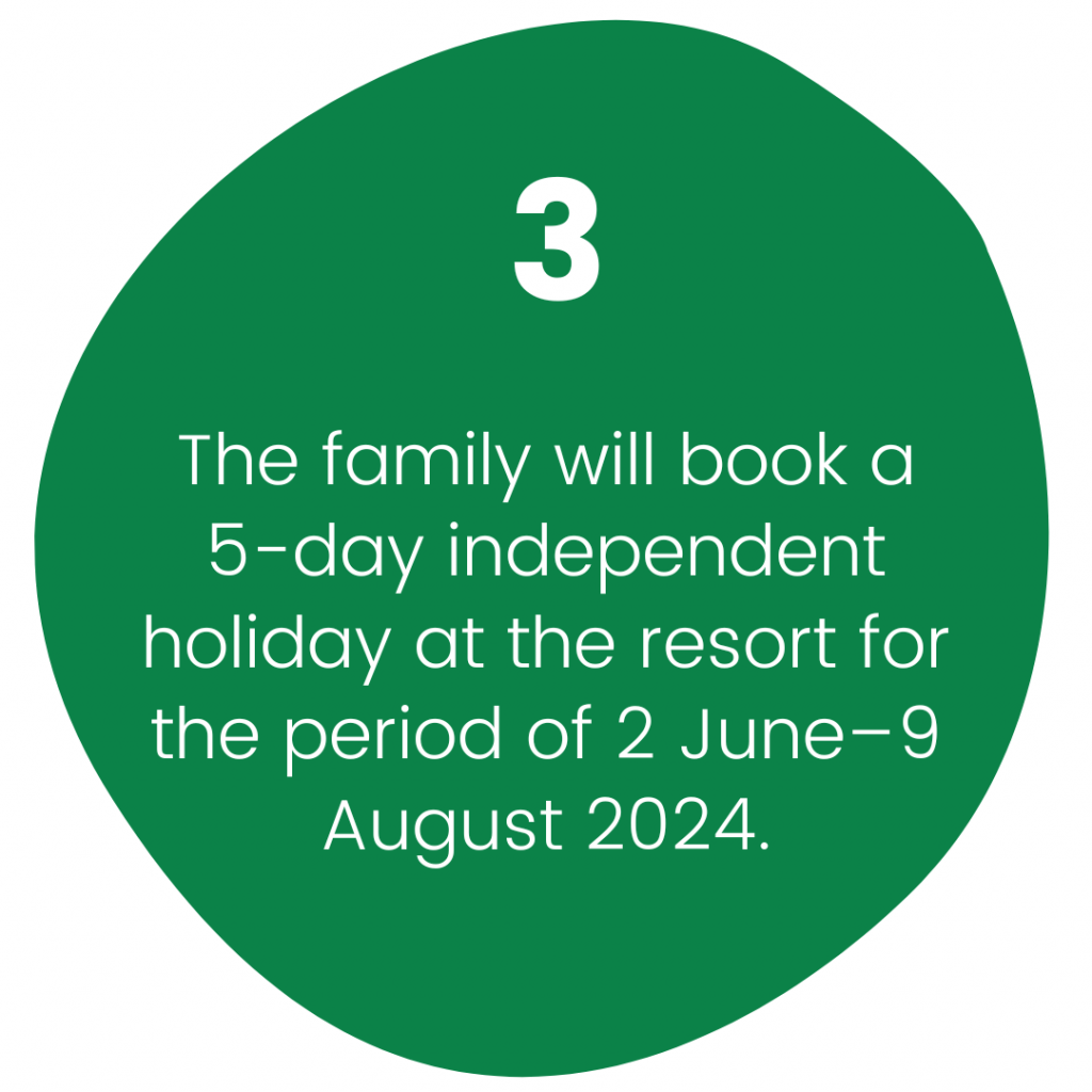 3. The family will book a 5-day independent holiday at the resort for the period of 2 June–9 August 2024.  