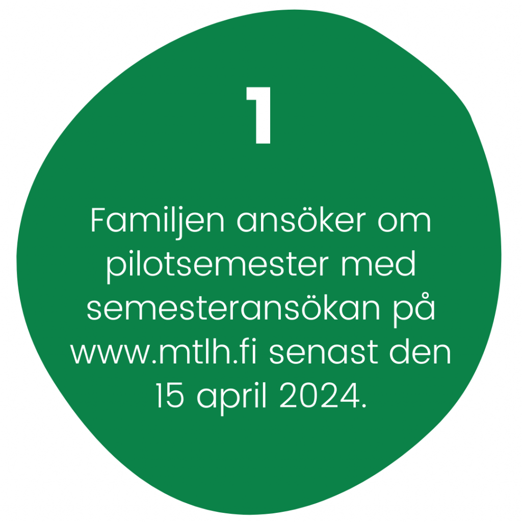 1. Familjen ansöker om pilotsemester med semesteransökan på www.mtlh.fi senast den 15 april 2024.