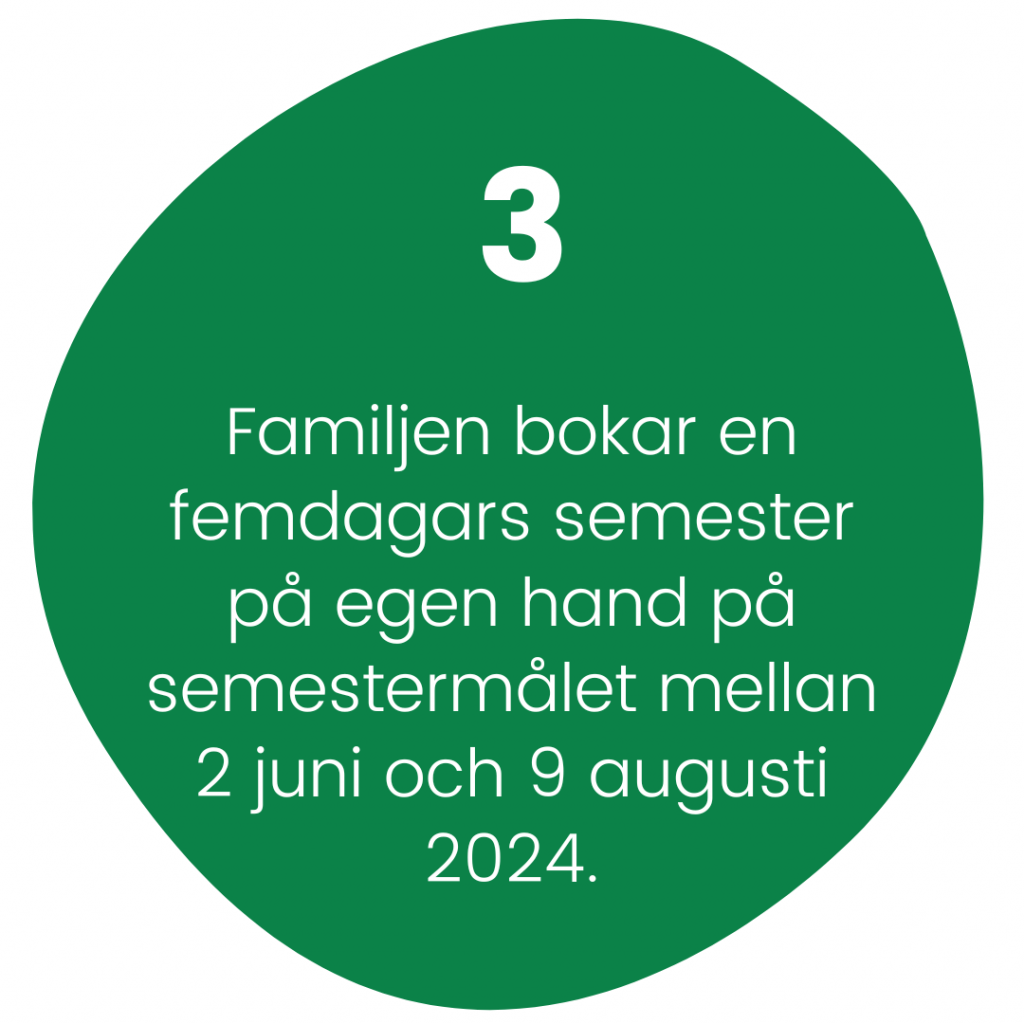 3. Familjen bokar en femdagars semester på egen hand på semestermålet mellan 2 juni och 9 augusti 2024.  