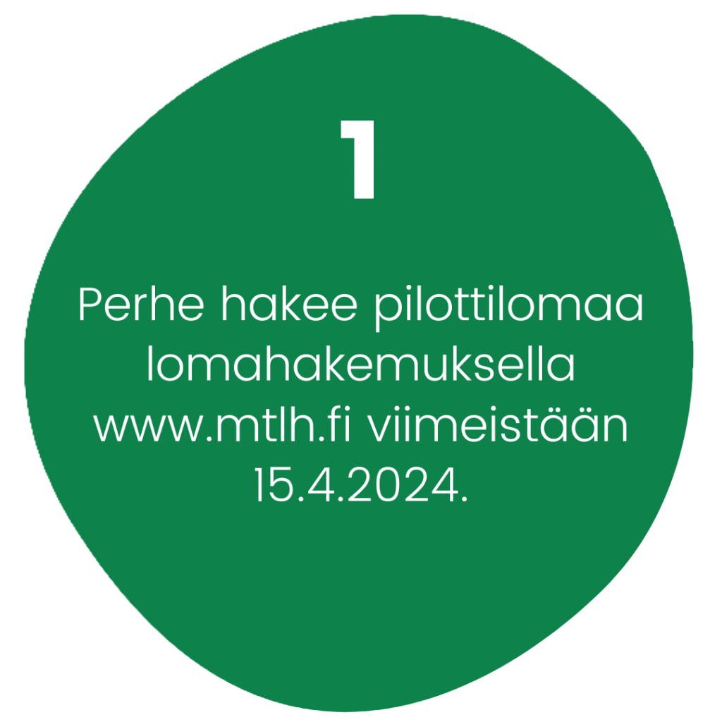 Vihreän hieman epäsymmetrisen ympyrän sisäpuolella teksti "1. Perhe hakee pilottilomaa lomahakemuksella www.mtlh.fi viimeistään 15.4.2024."